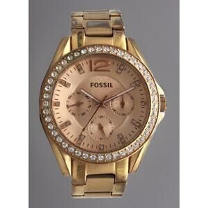 Fossil Riley Watch Womens 40mm Crystal Date ES2811 Rose Gold Tone New Battery